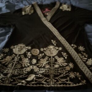 Johnny Was Los Angeles black embroidered cotton wrap jacket birds flowers